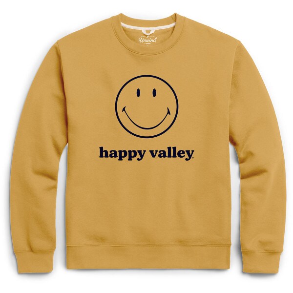 yellow crew sweatshirt with smiley face above happy valley